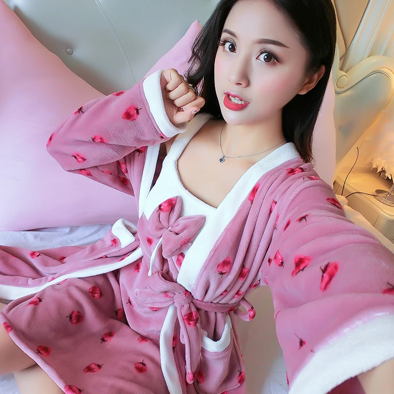 Warm Flannel Robe Set Winter Floral Robe Thicken Sexy Nightgowns Bathrobe Women Pajamas Bath Flannel Sleepwear Womens Homewear