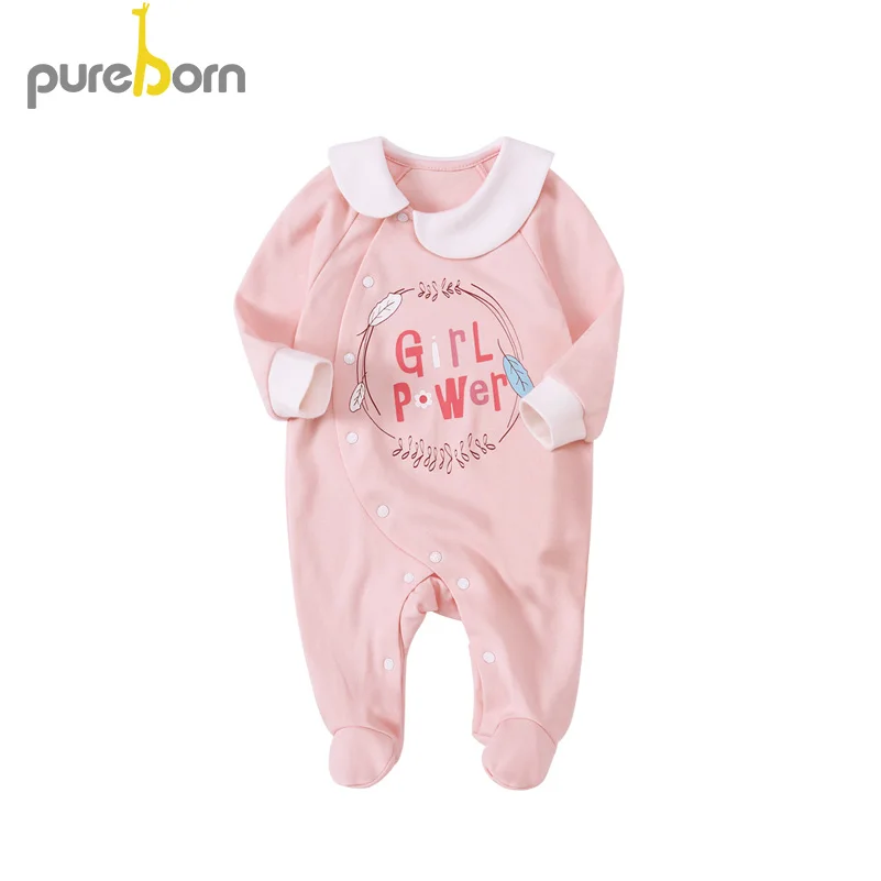 Pink Pureborn/ хлопковые Ползунки для новорожденных мальчиков и девочек; весенние комбинезоны; Верхняя одежда; одежда для сна с рисунками животных из мультфильмов - Цвет: Pink