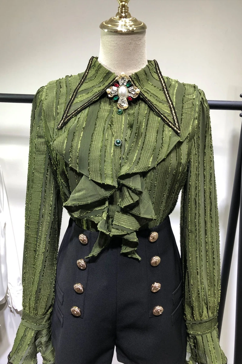 

Women's Ruffled Collar Single Breasted Stringy Selvedge Blouse Elegant Lace Flare Sleeves Top New Super Fairy All-match Shirt