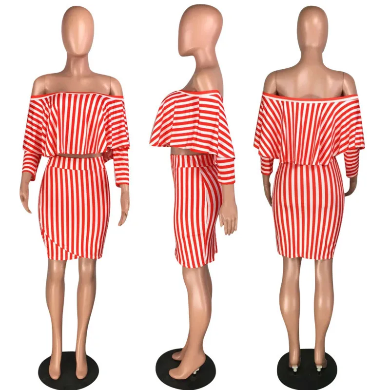 Autumn Women Set Full Hull Bushes Striped Print Crop Top Bodycon Short Skirt To Suit Two Pieces Set Training Suit