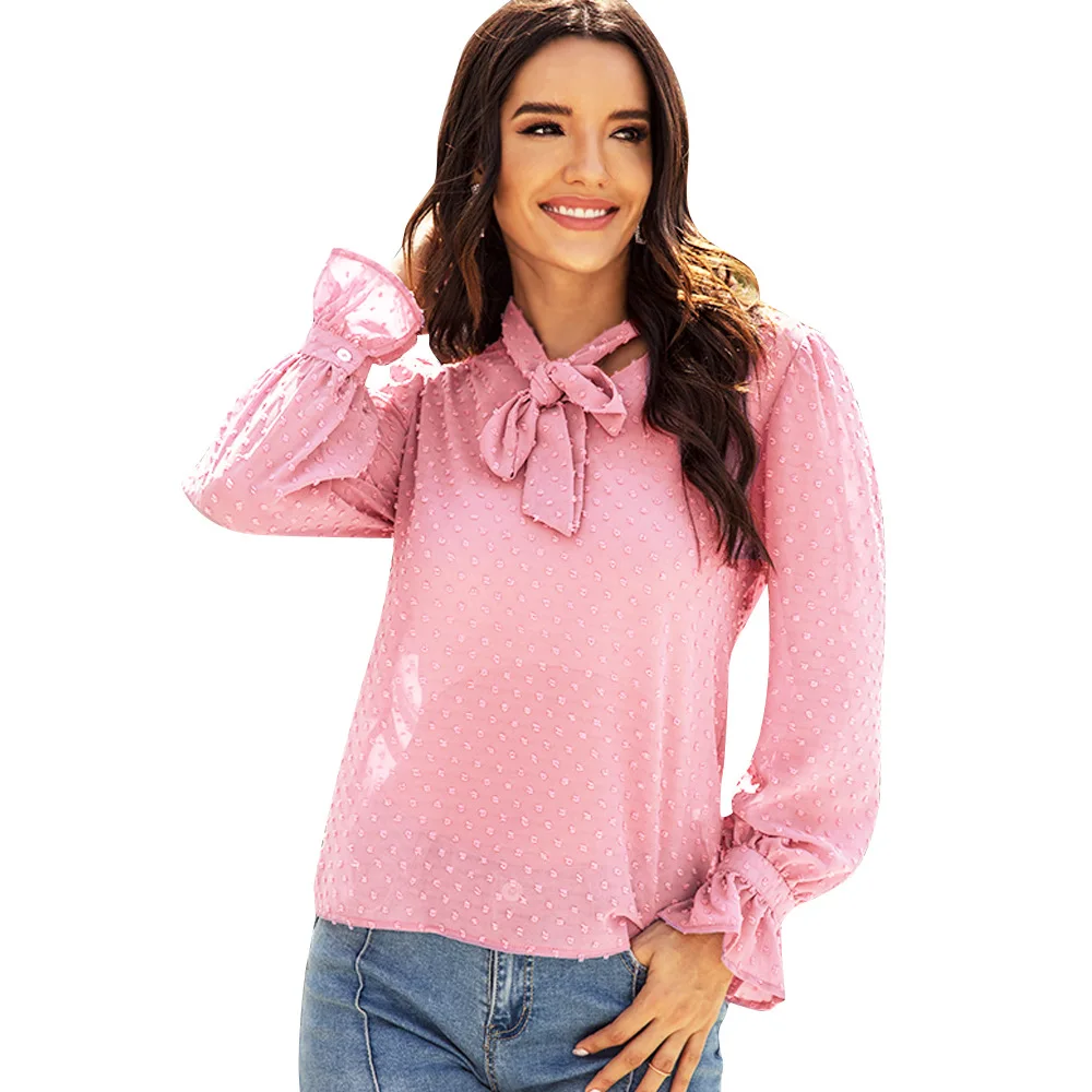 

European and American solid color blouse casual fashion personality tie bow pink shirt women