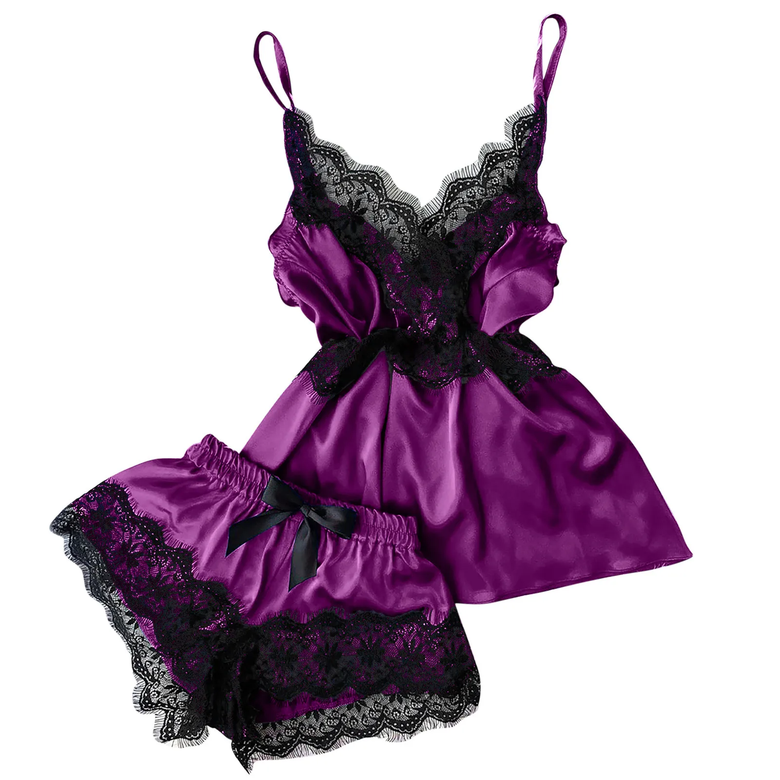 

Women V-Neck Eyelash Lace Sexy Stain Camisole Pajamas Bowknot Shorts Suit Femme Summer Nightwear With Pants conjuntos de mujer