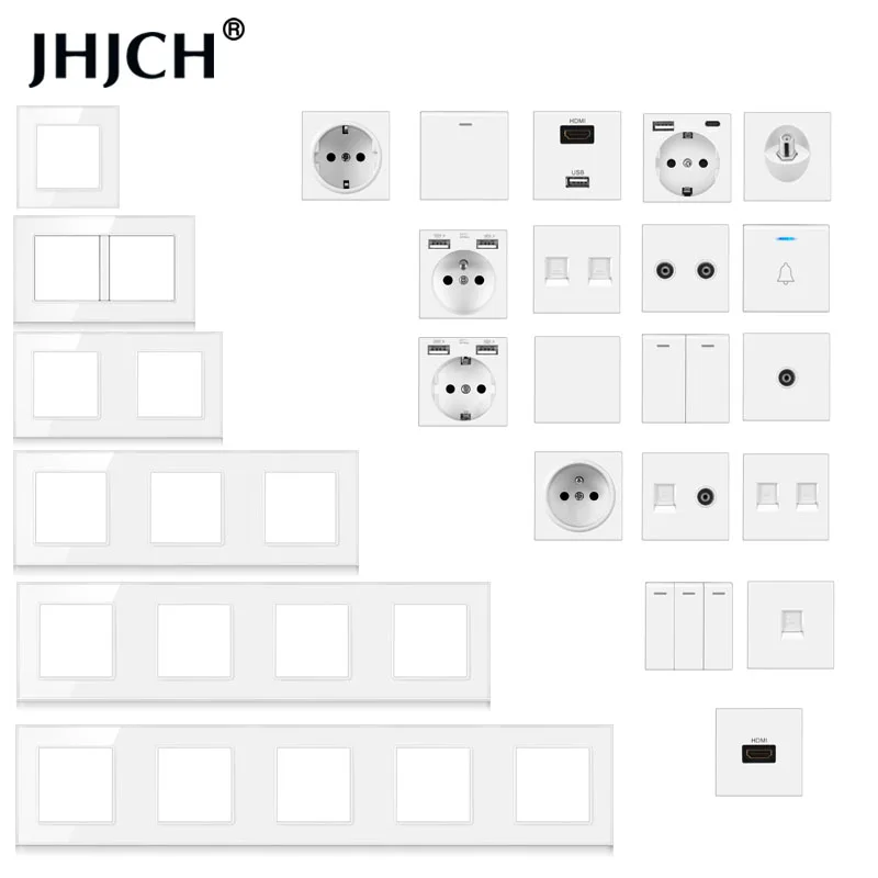 

Jhjch wall-mounted diy module European standard white tempered crystal glass panel socket led light switch button function combi