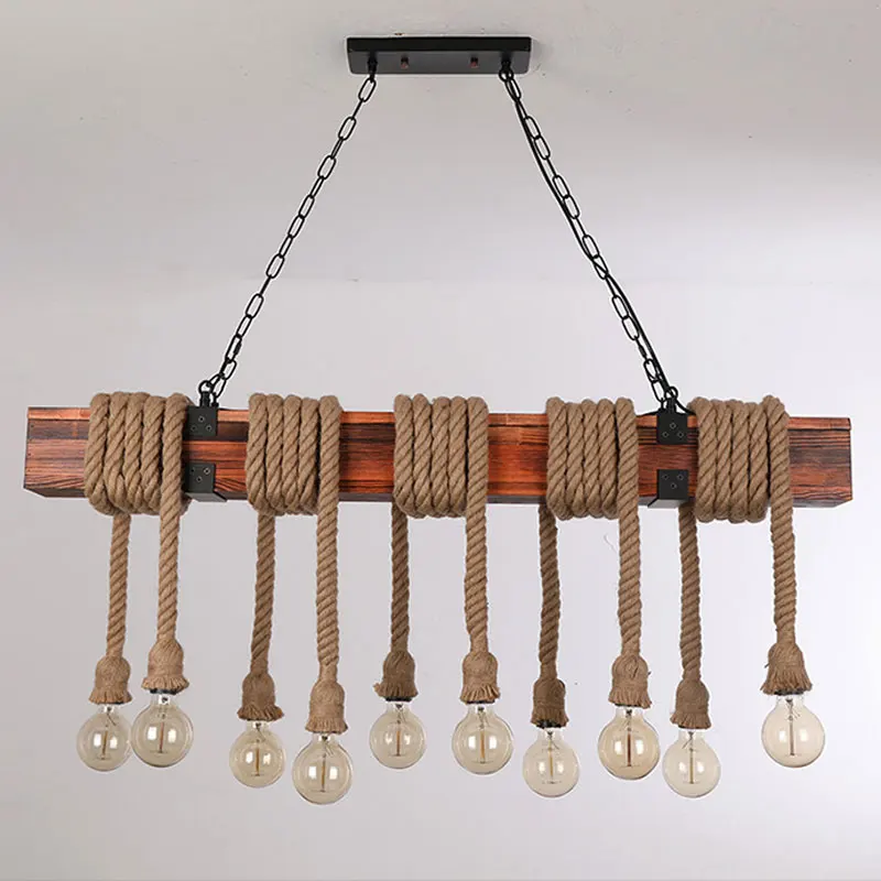Lámpara colgante de cuerda de cáñamo industrial retro, luz de madera, 10 cabezales, para cafetería, bar, loft, sala de estar, comedor