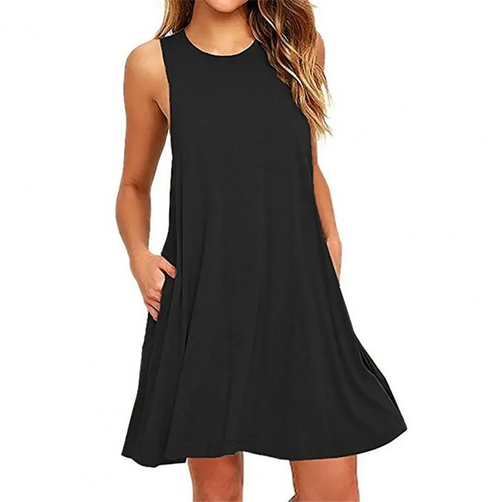 

2021 Women Summer Dress Casual Sleeveless O Neck Fashion Female Sundress Solid Color Loose Women Midi Dresses Robe Femme
