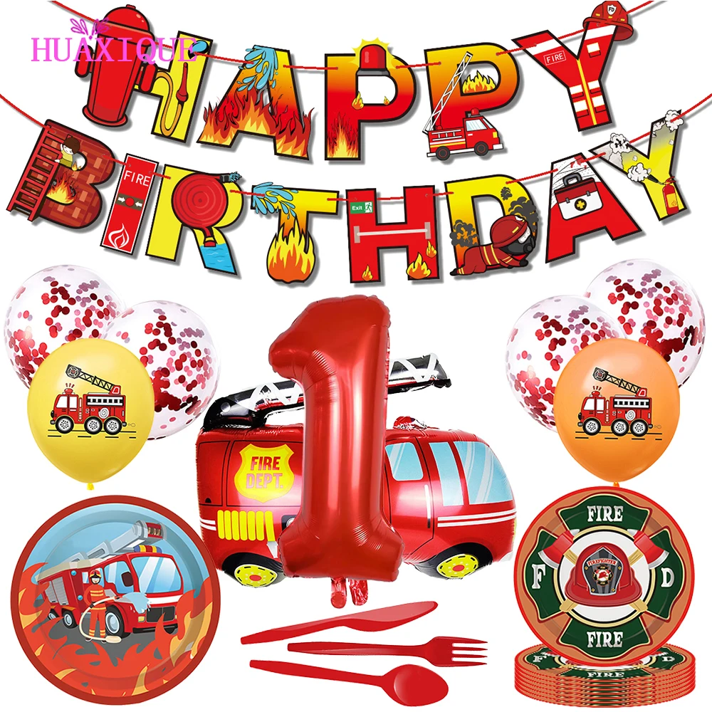 

58PCS Fire Theme Boy Birthday Disposable Cutlery Set 12 Inch Latex Balloon Fire Truck Digital Balloon Kids Party Supplies