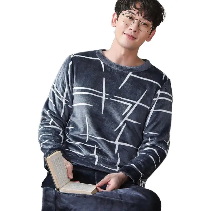 

2021 Autumn Winter Men's 2 Pieces Pajama Set Flannel Fleece Warm Thicken Sleepwear Long Sleeve Casual O Neck Male Pyjamas Suits