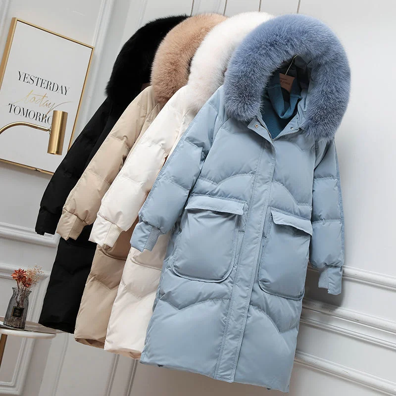 Winter 2023 New White Duck Down Women's Over Knee Thickened Artificial Fur Hat Hooded Korean Big Pocket Loose Solid Casual Coat
