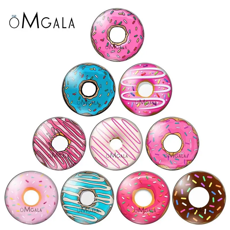 

New Delicious donuts paintings 10pcs 12mm/18mm/20mm/25mm Round photo glass cabochon demo flat back Making findings