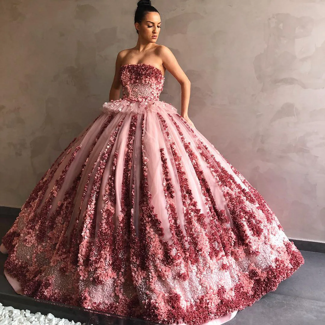 

Gorgeous Pageant Dresses Strapless Boat Neck Pearls Sequins 3D flowers Layered Puffy Tulle Floor Length Formal Evening Gowns