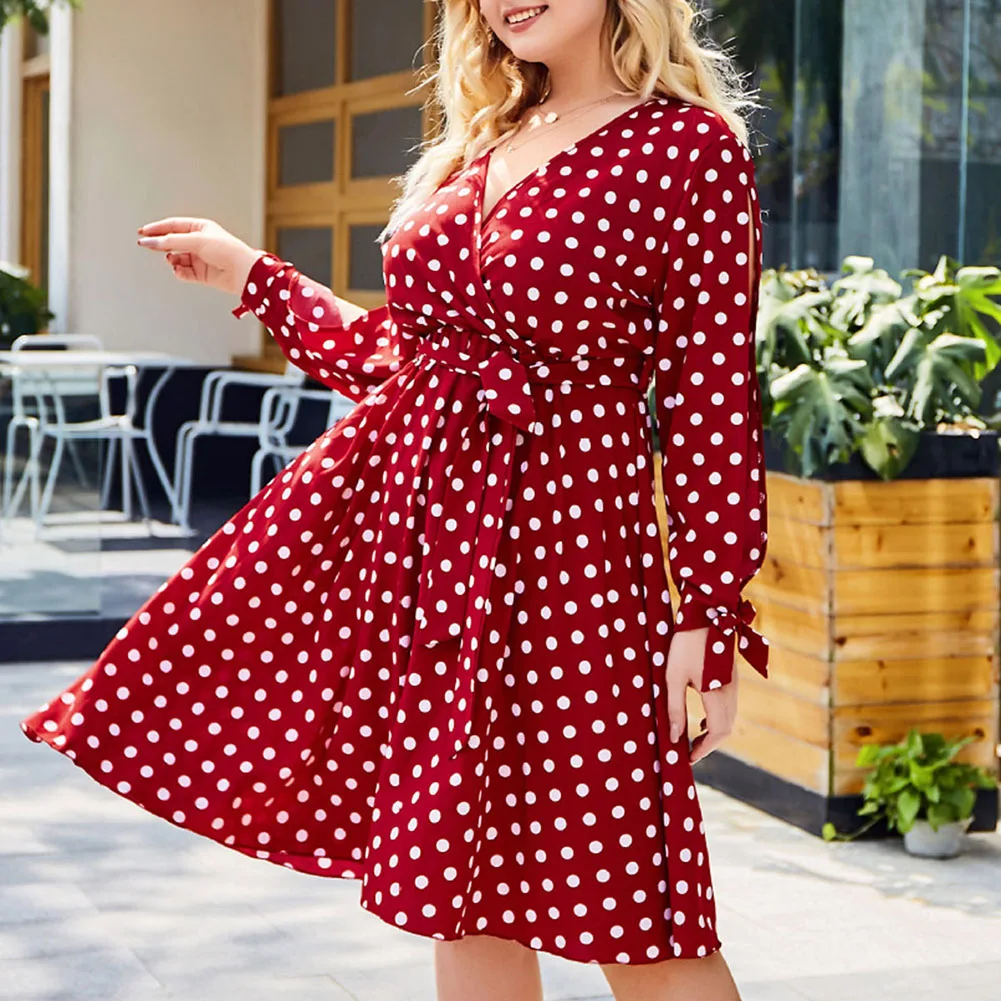 FADZECO женское платье размера плюс 2019 осеннее новое модное в горошек с v образным