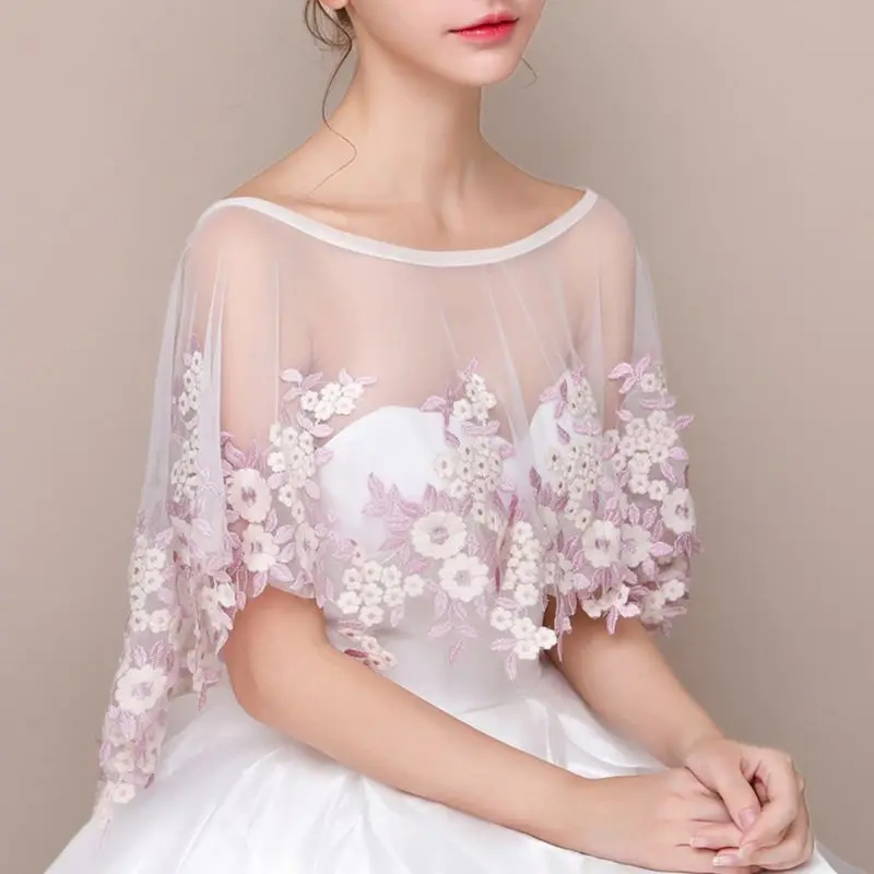 

Wedding Jacket Bolero Pink Flower Embroidery Appliques Bridal Shawl Wraps Cape