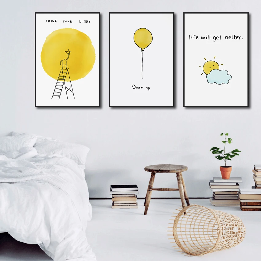

Cute Cartoon Canvas Paintings Yellow Wall Art Lovely Sun Dinosaur Bee Decor Pictures for Living Room Bedroom Kid Room