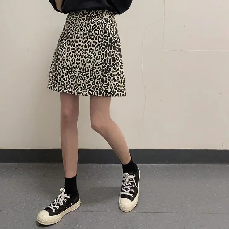 

Leopard high waist retro large pocket A-line skirt women