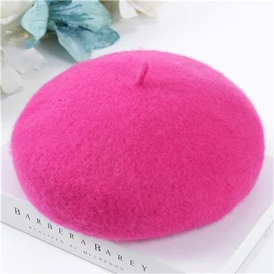 Rose Red Женские Зимние береты, шапка в стиле художника, женские шерстяные винтажные береты, однотонные кепки, женская шапка, теплая прогулочная шапка - Цвет: Rose Red