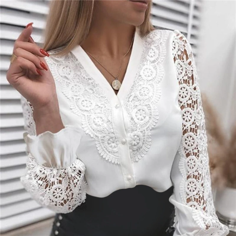 

Женская кружевная ажурная рубашка, белая винтажная блузка составного кроя с длинным рукавом, круглым вырезом и пуговицами, весна 2019