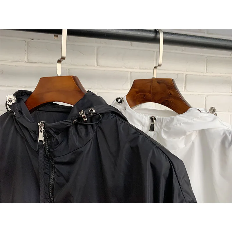 

Women High Quality Summer Coat With Elastic Sash Hooded Ruffles Casual Trench Female Slim Out Dust coat