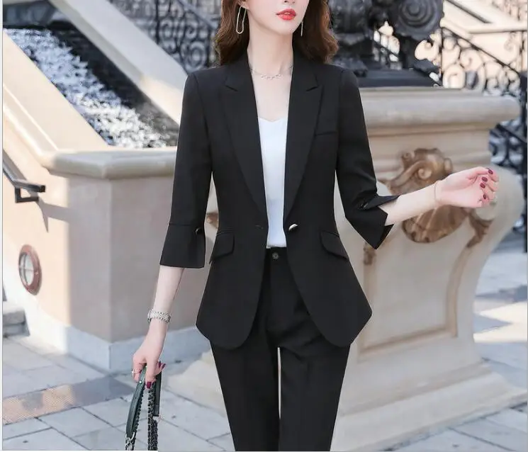 

High quality fashion solid pants suits set women new business half sleeve blazer and trousers office ladies plus size work wear
