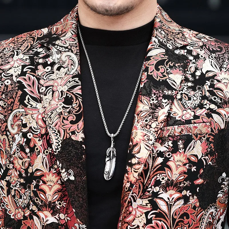 

High Quality Men Colorful Floral Printed Sheepskin Blazer Wedding Party Genuine Leather Jacket Slim Fit Business Man Suit Coat