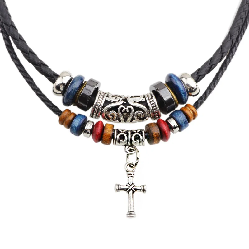 

Religious Necklace Double Beaded Cross Necklace Leather Cord Woven Men's Necklace Jewelry