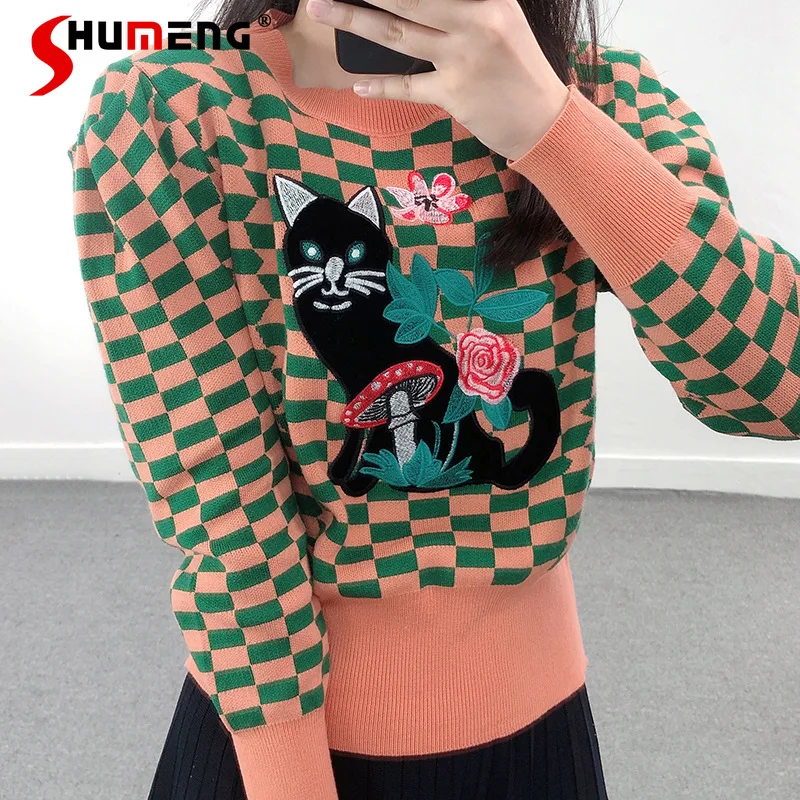 

Женский трикотажный свитер с вышивкой, контрастных цветов, с круглым вырезом и длинным рукавом, Осень-зима 2021