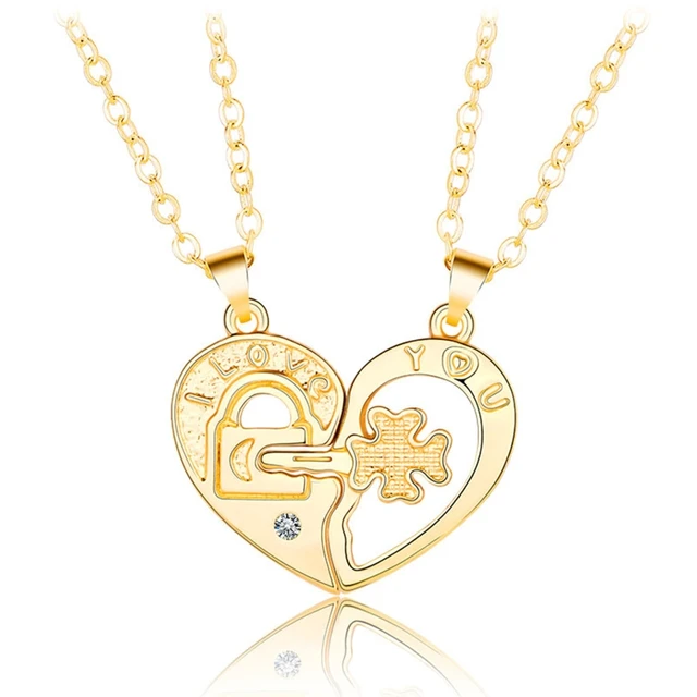 Interlocking Heart Key Pendant Necklace 