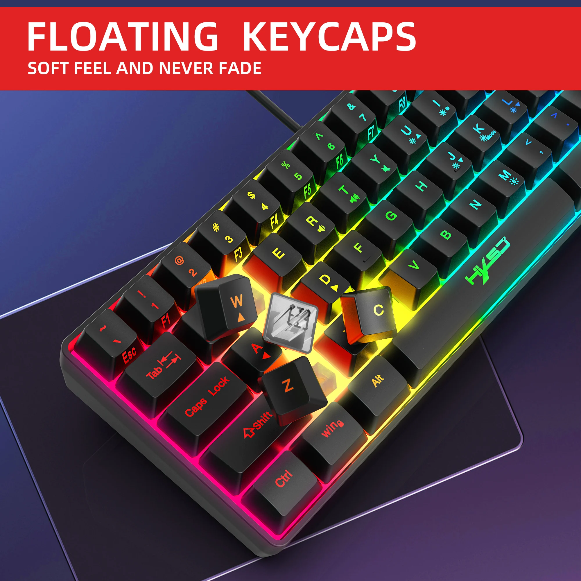 hxsj 60 wired 61 keys gaming keyboard rgb backlit ultra compact mini keyboard us business for pc mac ps4 gamer free global shipping