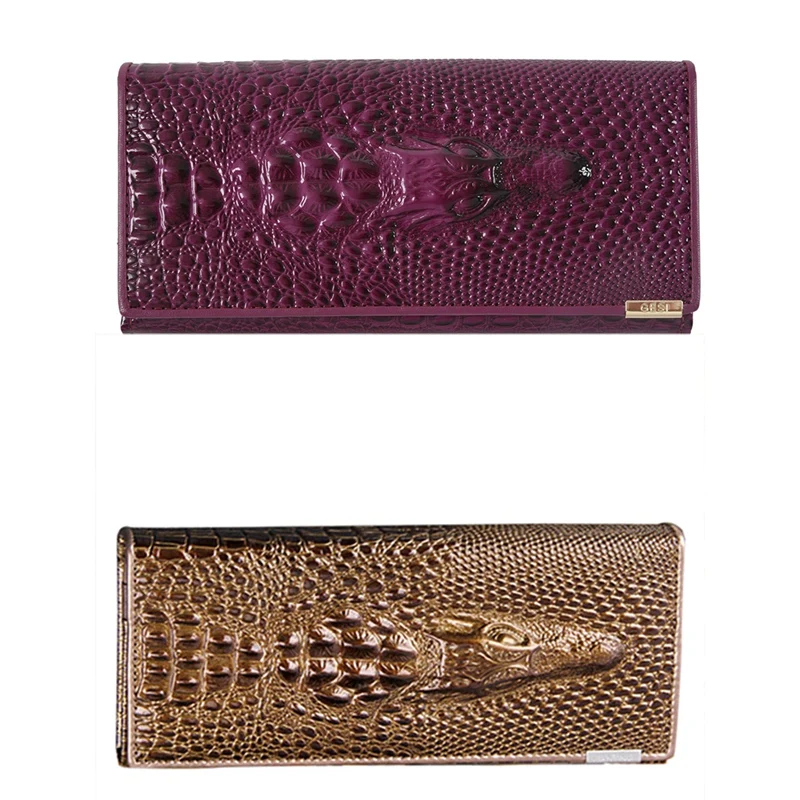 

2 Pcs Women Wallet Female Coin Purses Holders Patent Leather 3D Embossing Alligator Ladies Crocodile Long Clutch Wallets, Purple