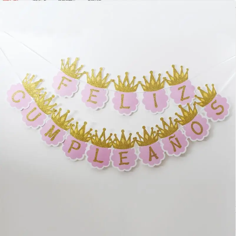 pink crown 20.5cm Счастливый плакат "с днем рождения" бумажные украшения гирлянды из флажков мальчиков и девочек Беби Шауэр детский день рождения украшения поставки розовое золото баннер - Цвет: pink crown 20.5cm