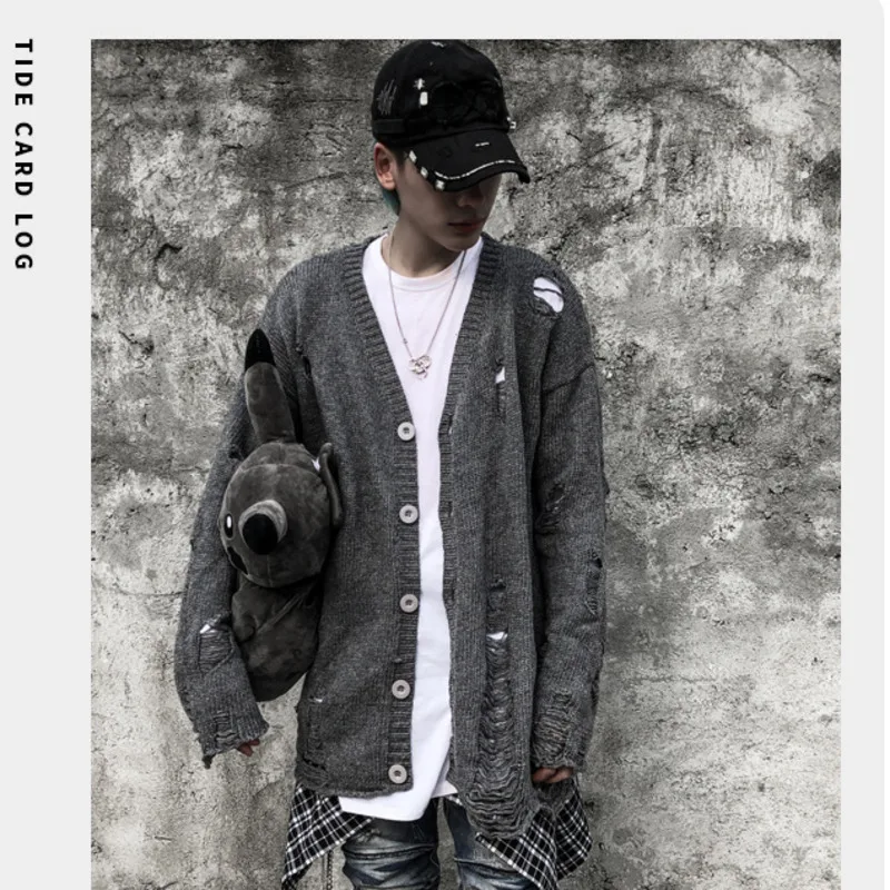 

Solid Color Loose Knit Sweater Ripped Cardigan Fine Cotton V-neck Sweater Harajuku Striped Hip-hop Streetwear Winter 2021