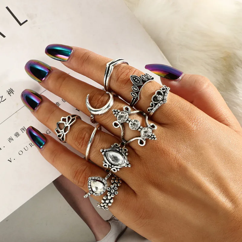 

Retro Fashion Geometric Water Drop Diamond Lotus Moon Joint Ring 10 Pcs/Set Accessories for Women Jewelry