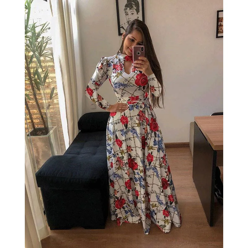 2019 new European and American fashion digital printing flowers big swing long sleeve women's clothing | Женская одежда