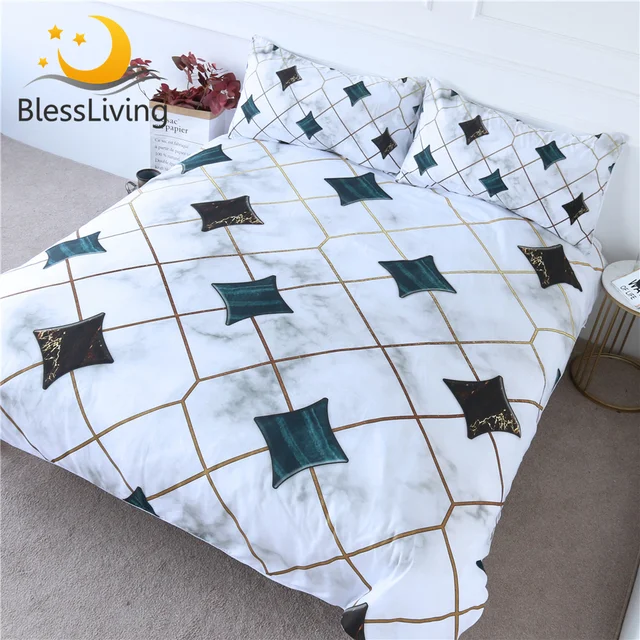 BlessLiving Geometric Bedding Set Marble Print Duvet Cover Set Blocks Bed Cover Fashionable Gray Golden Luxury Bedspreads King 1