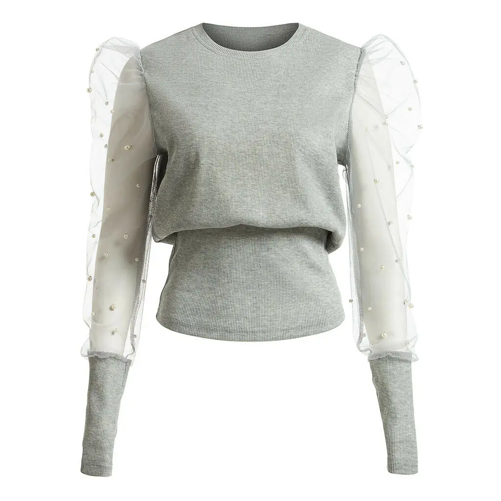 

Women Long Puff Sleeve Blouse Pullover Jumper Autumn Casual Pearl Perspective Tops Solid Knit Shirt