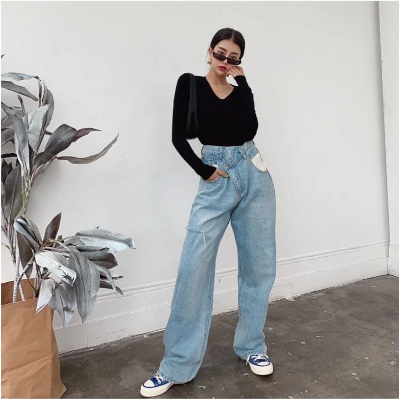 

High Waisted Streetwear Boyfriend Ripped Jeans For Women Patchwork Irregular Loose Wide Leg Blue Jeans
