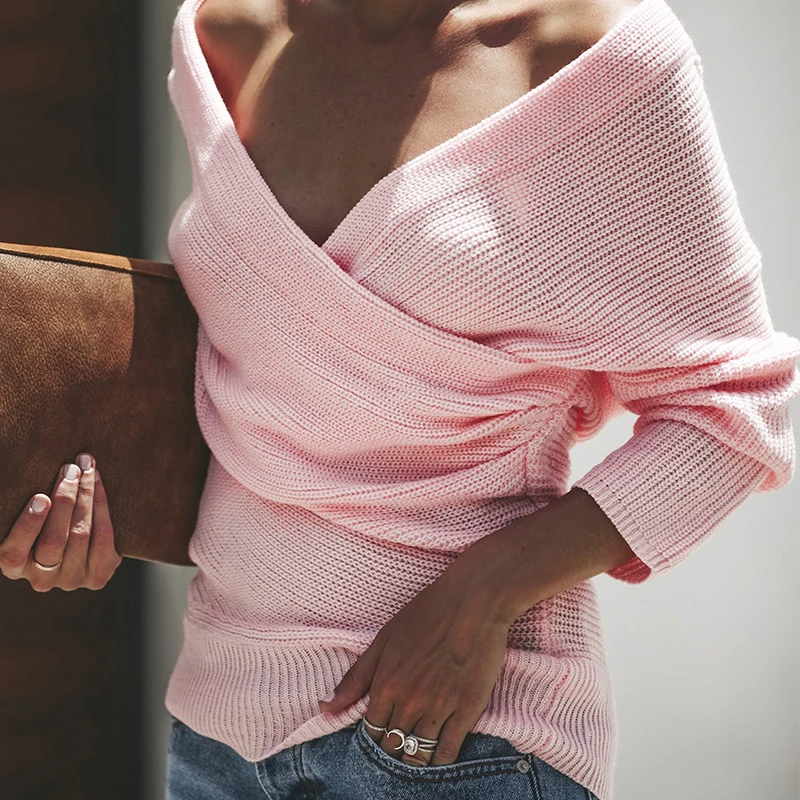 Сексуальный свитер с v-образным вырезом и длинным рукавом открытыми плечами