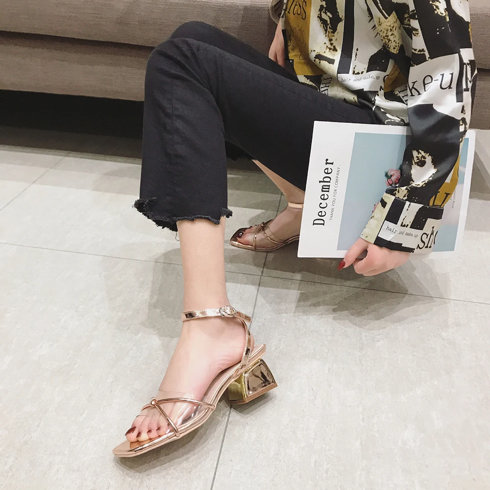 

Square Heels Sandals Women Sweet Transpartent Summer Shoes Med Fashion High Heels Sandales Wild Casual Shoes