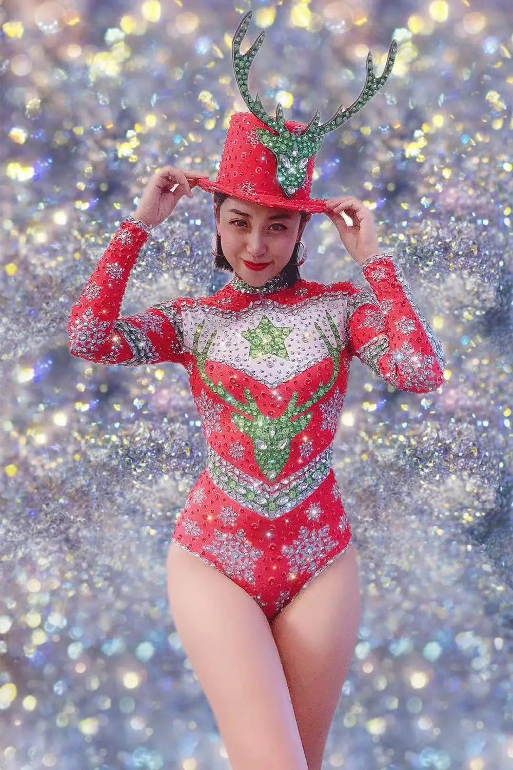 2020 Women New Silver Red Rhinestones Printing Bodysuit Christmas Bar Singer Sexy Outfit Stage Dance Birthday Prom Show Bodysuit