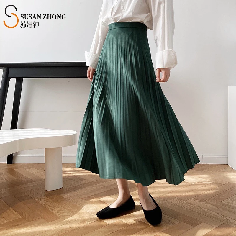 

Women Skirts Female Bottoms Elegant Autumn Winter A-Line Pleated Loose Ankle Length Zipper High Waist Vintage Office Romantic
