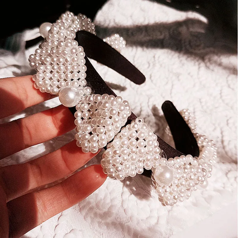 

Korea Handmade Pearl Hairband Women Elegant Classic Bow Headband Sweet Girl Non-slip Hair Accessories Fashion Princess Headdress