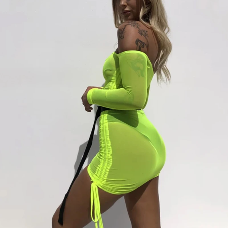 Осеннее пляжное неоновое платье с длинным рукавом сексуальное прозрачное