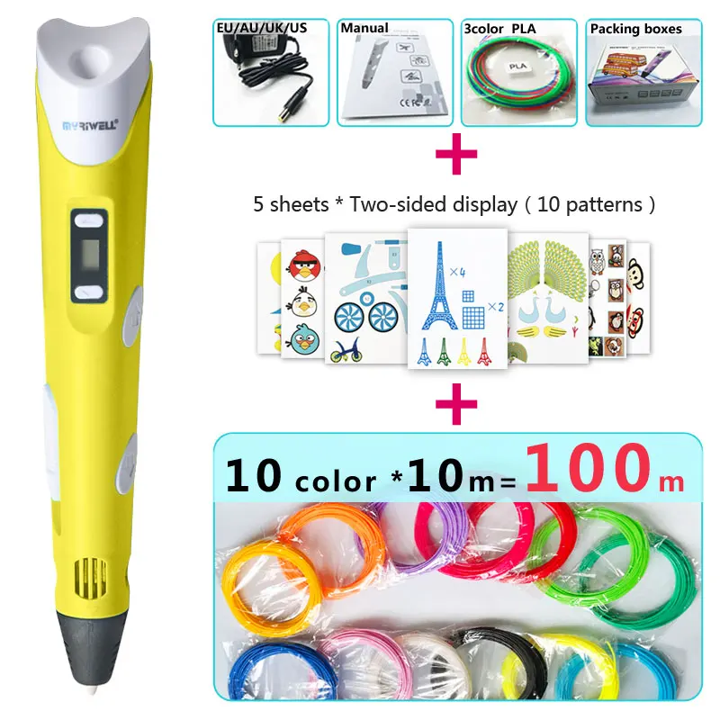 Yellow pen Package 3 Myriwell 3d Ручка 3d ручки, светодиодный дисплей, ABS/PLA нити, подарки для детей зарядка через USB, 3 d Ручка 3d модели Smart 3d печать pen-3d Волшебное перо - Цвет: Yellow pen Package 3