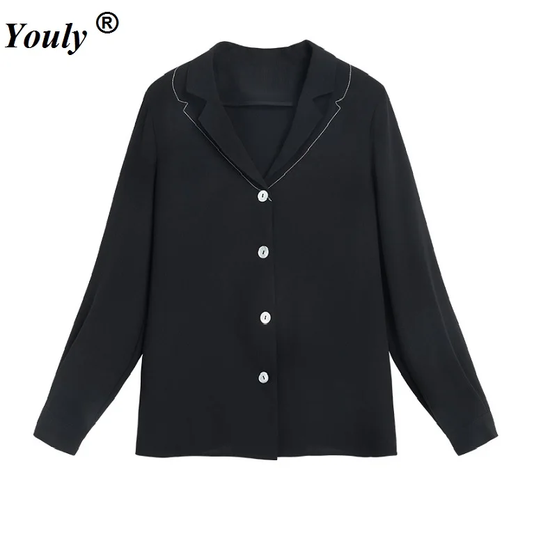 2020 Spring New Style Black Blouse Shirt Office Ladies Design Chiffon Long Sleeves Turndown Collar Top Elegant Female Shirt