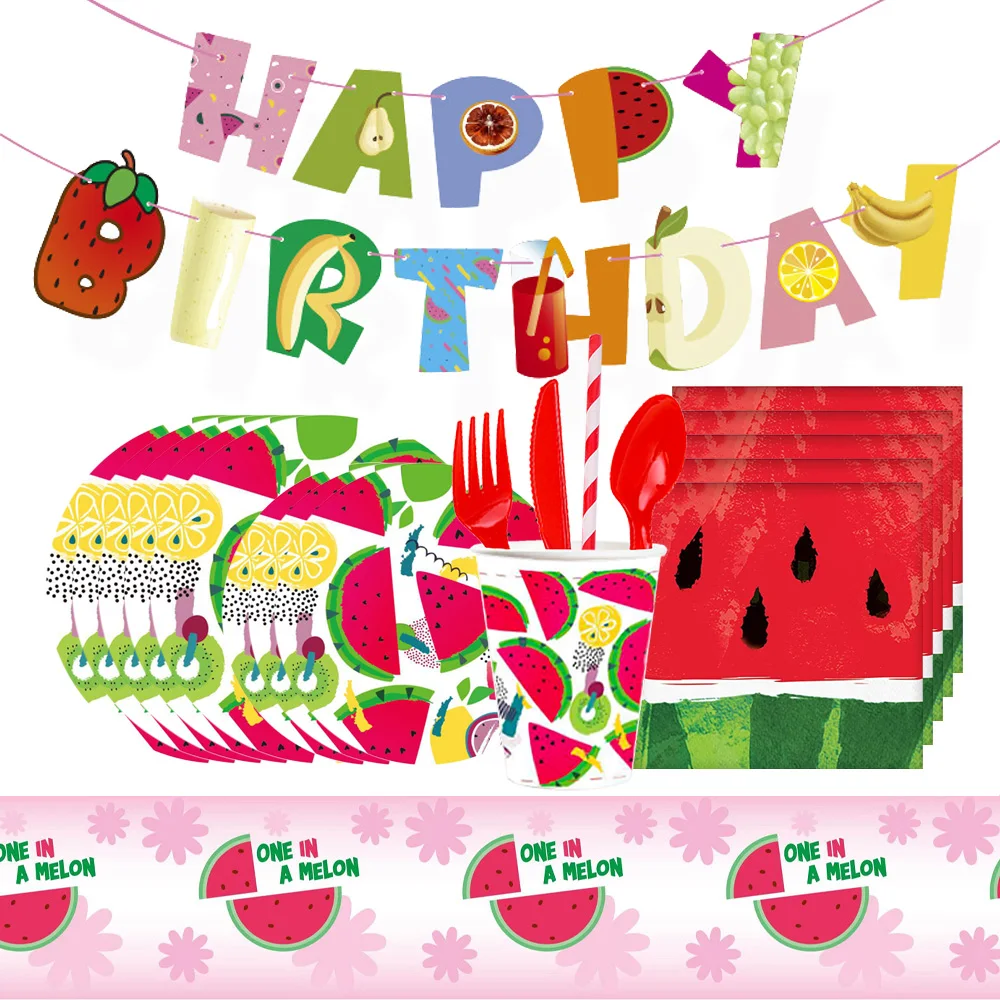 

Summer Watermelon Party Decorations Disposable Tableware Sets Happy Birthday Party Supplies Baby Shower Fruit Theme Party Favors