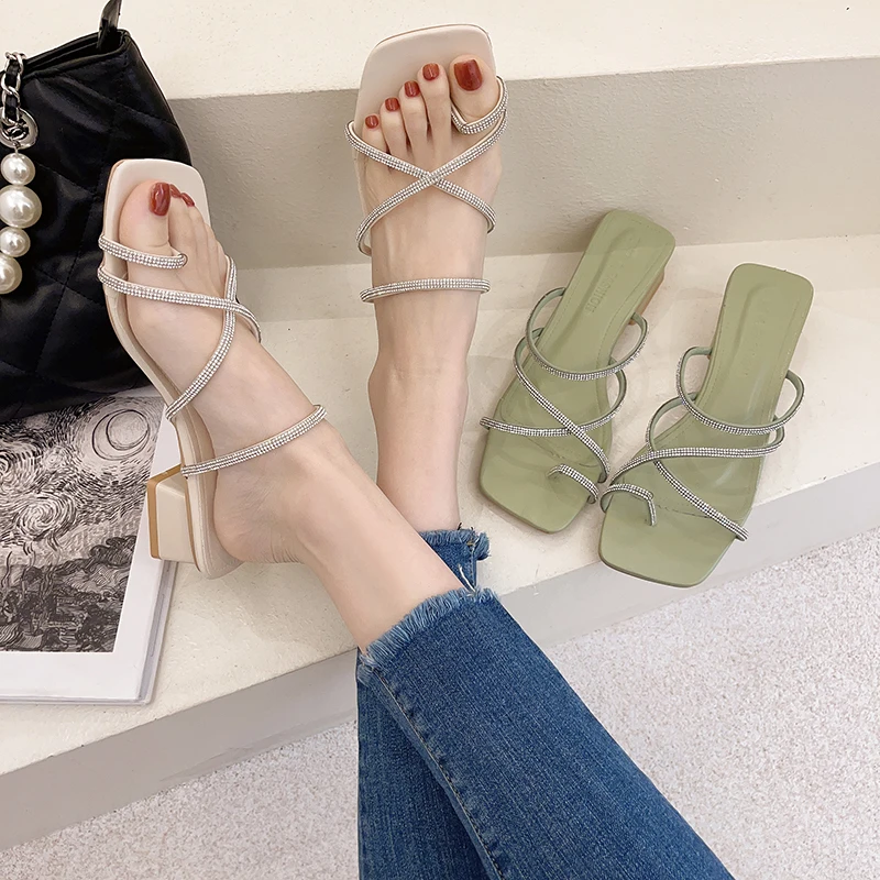 

Glitter Slides Slippers Casual Square heel Shoes Woman 2021 Cross-Tied Pantofle Med Jelly Luxury Block New Rome Rubber Crystal B