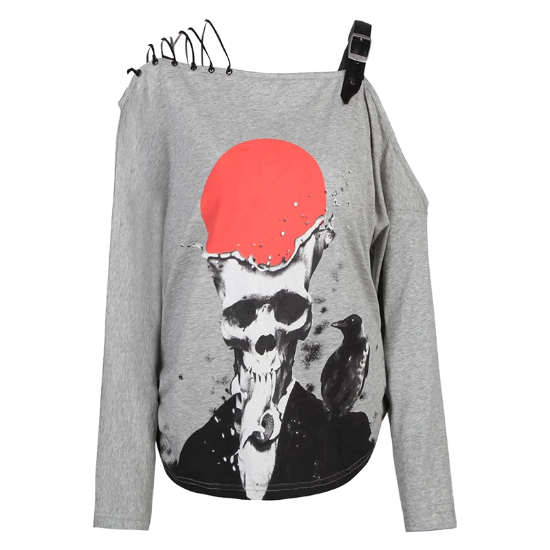 Женская футболка в стиле панк с принтом Goth Skull и полосками PT034|Футболки| |