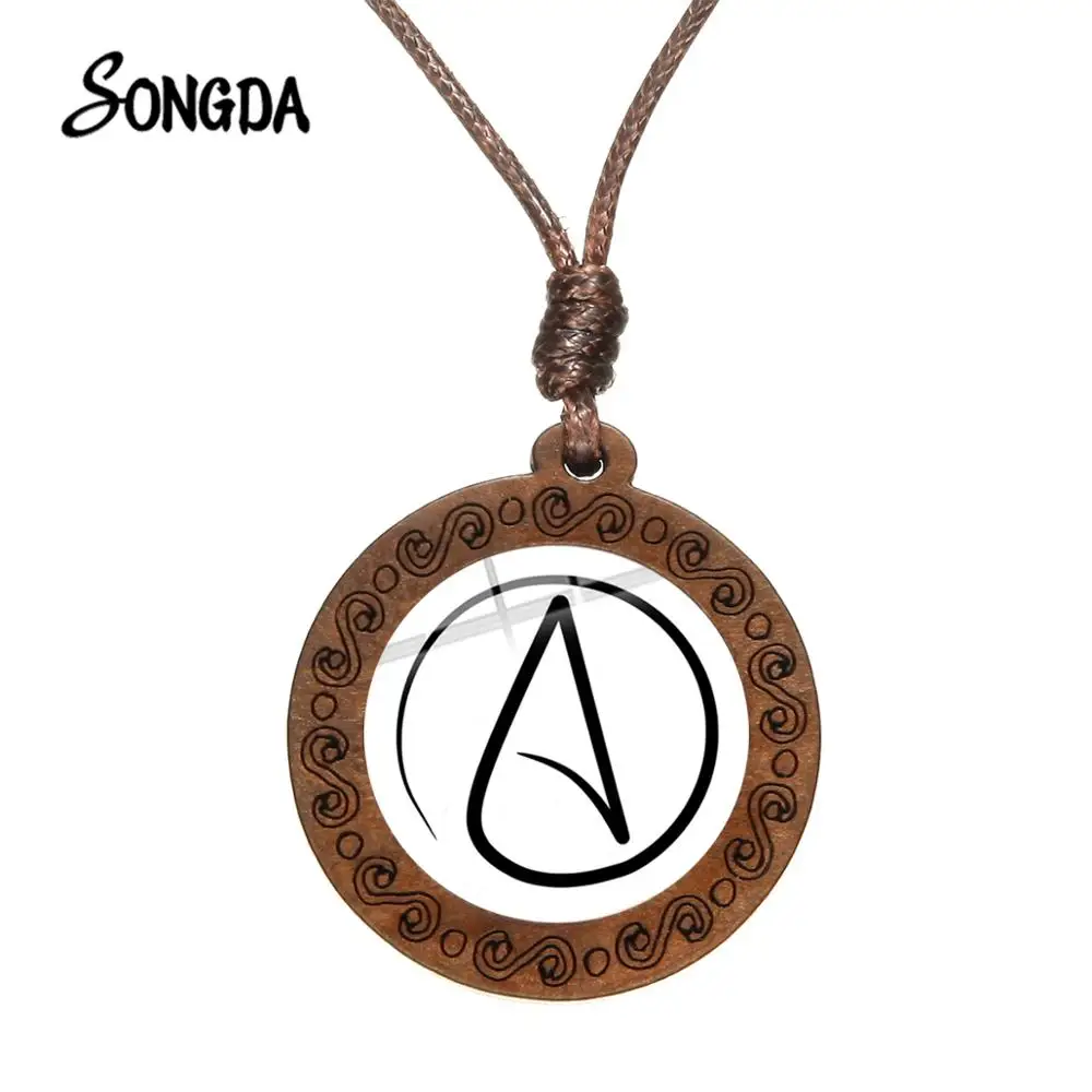 

Materialism Atheism Symbol Necklace Glass Cabochon Wax Rope Chain Wooden Made Pendant Atheists Collection Retro Necklace
