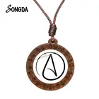 Ожерелье с символом атеизма, стеклянный кабошон, восковая цепочка, деревянная подвеска, коллекция атеистов, ретро ожерелье