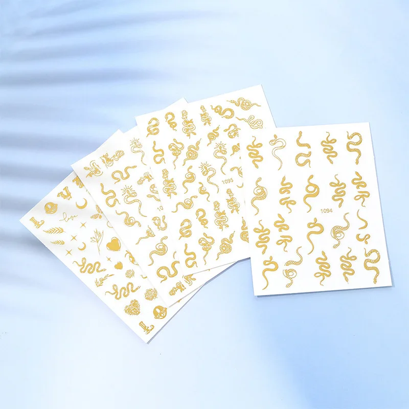 

New Trendy Gold Bronzing Snake Heart 3D Nail Art Stickers Gold Dragon Transfer Sliders Paper For Nails DIY Manicures Decorations