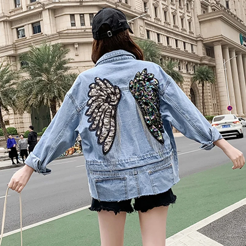Женская джинсовая куртка с блестками свободная бахромой весна 2021 | одежда